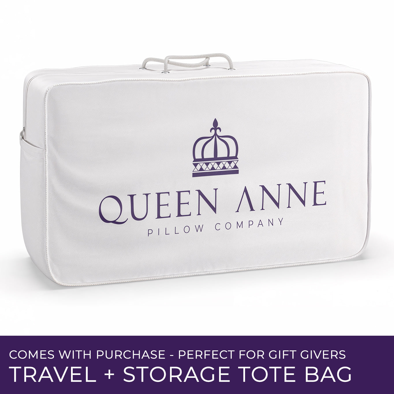 White storage tote bag with 'Queen Anne Pillow Company' logo on a white background