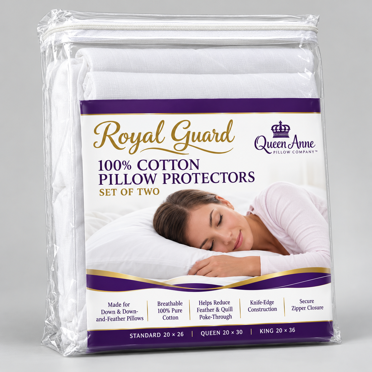 Queen Anne 100% Cotton Zippered Pillow Protectors, Set of 2