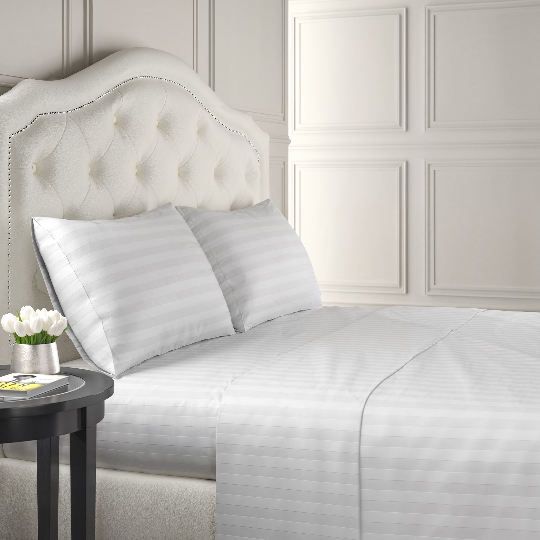 Queen Anne 300 Thread Count Long-Staple Cotton Percale Sheets – Sateen Stripe, Hotel-Quality Cooling Bed Sheets